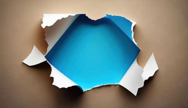 Photo torn newspaper background revealing blue shape creative design element