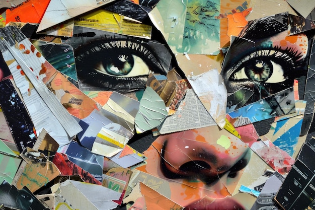 Torn paper collage of a womans face with vibrant colors and expressive brushstrokes