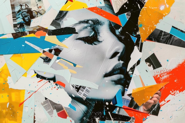 Torn paper collage of a womans face with vibrant colors and expressive brushstrokes