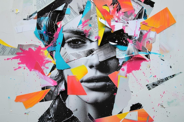 Torn paper collage of a womans face with vibrant colors and expressive brushstrokes