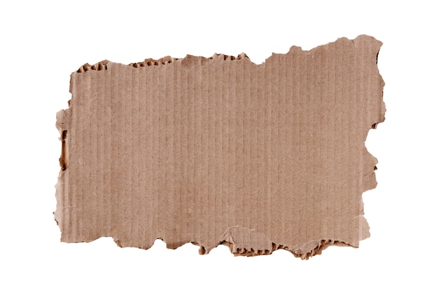 A torn piece of cardboard with torn edges around the perimeter, irregular in shape with a surface for inscriptions, isolated on a clear white background.