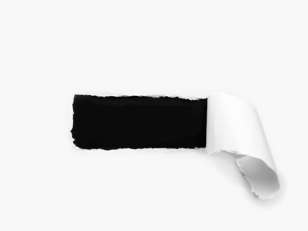 Torn white paper with a rolled edge on a black background, a frame for text or design