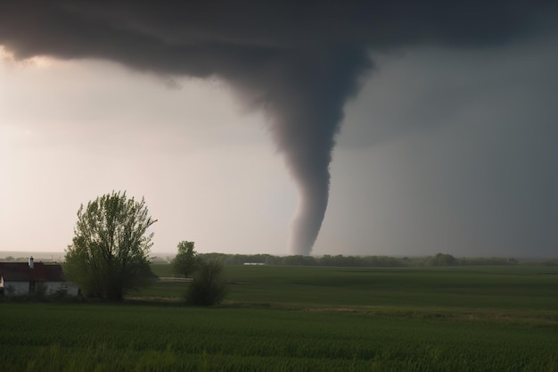 A tornado approaches the countryside during bad weather generative ai