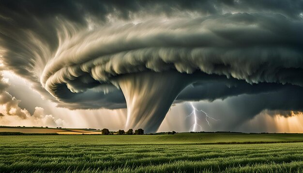 A tornado is seen over a field in the countryside