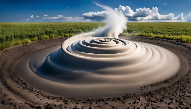 Photo a tornados funnel cloud twisting and turning against a backdrop of blue sky