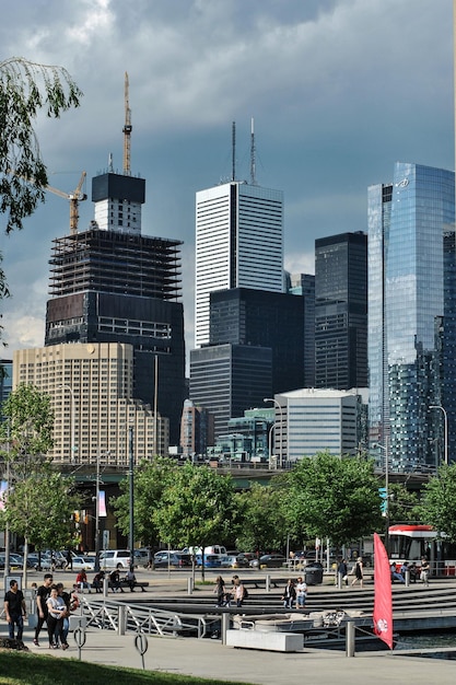 Toronto business high skyscrapers and street on a typical summer day in downtown.