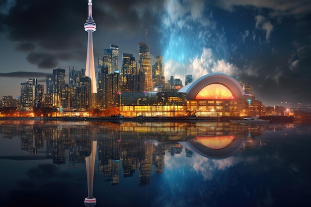 Toronto city skyline at night with reflection in water Ontario Canada CN Tower and Toronto Harbour reflection AI Generated