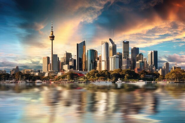 Toronto city skyline at sunset Ontario Canada Long exposure Downtown Sydney skyline in Australia AI Generated