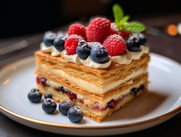 Torta napoleonica decorata con frutti di bosco e frutta generated ia