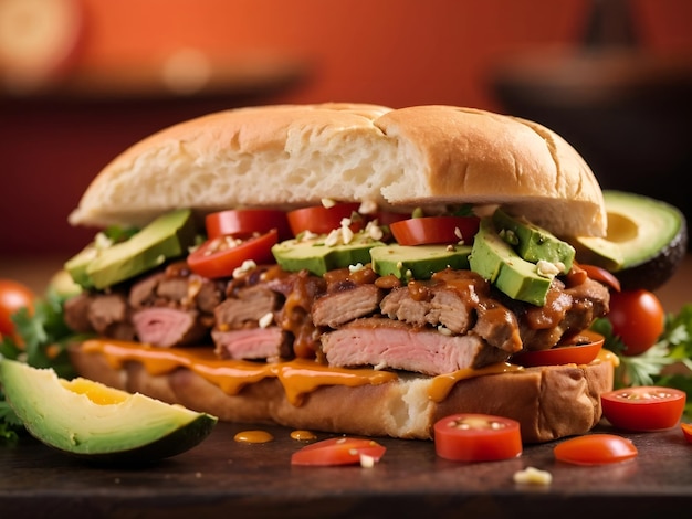 Torta sandwich filled with grilled meat refried beans avocado and tomatoes on orange background