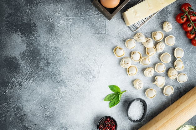 Tortellini with Parmesan and Basil set, on gray background, top view flat lay , with copyspace  and space for text