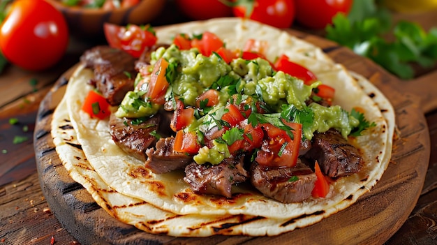 a tortilla with meat and vegetables on it