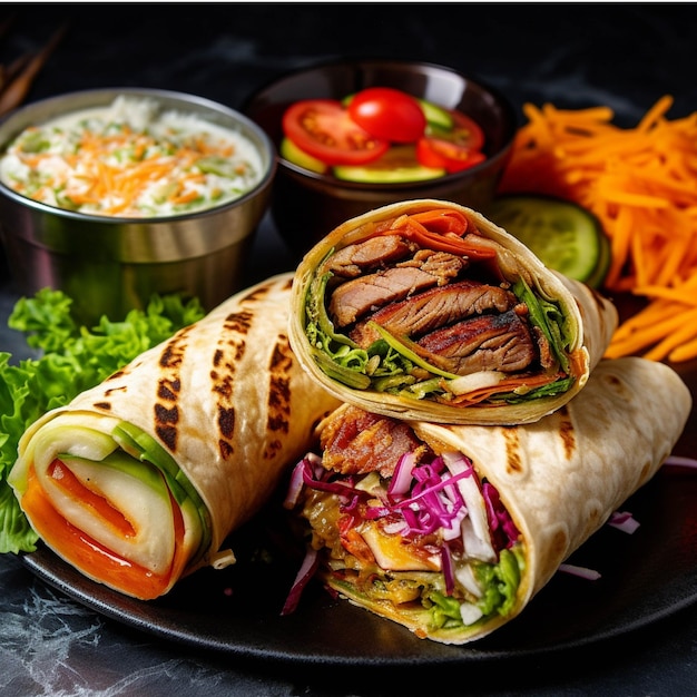 Tortilla wrap with beef and vegetables on a wooden table