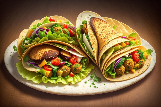 Tortilla wrap with falafel and fresh salad vegan tacos vegetarian healthy food