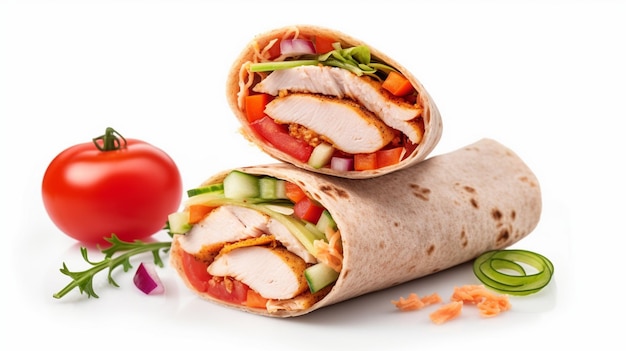 Tortilla wrap with fried chicken meat and vegetables