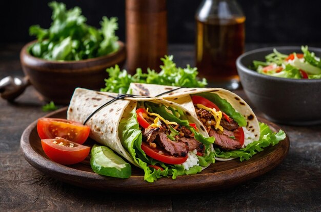 Tortilla wraps with crispy lettuce and grilled meat