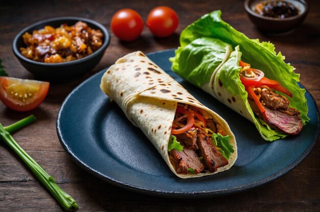 Photo tortilla wraps with crispy lettuce and grilled meat