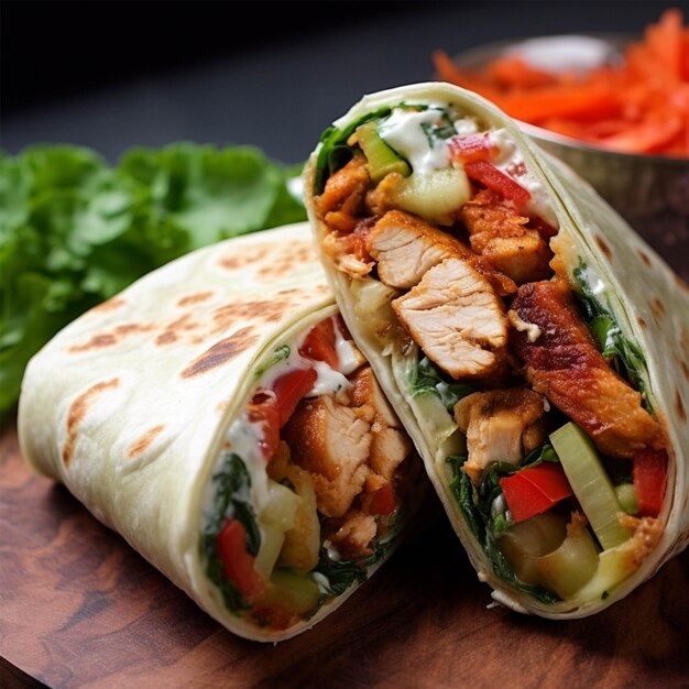 Tortilla wraps with meat vegetables and sauce on dark background