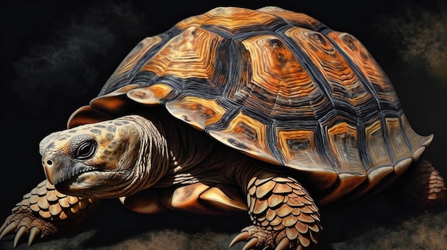 A tortoise on a dark background with smoke