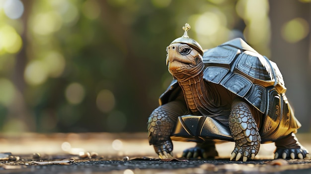 A tortoise dressed as a knight in shining armor complete with a helmet made from a walnut shell