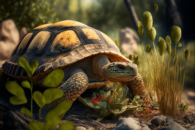 A tortoise in a field with plants and flowers.