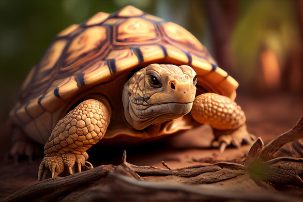 A tortoise sits on a branch in a forest