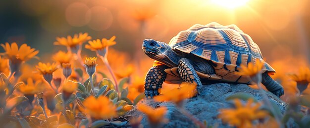 Photo a tortoise walks through a field of yellow flowers at sunset