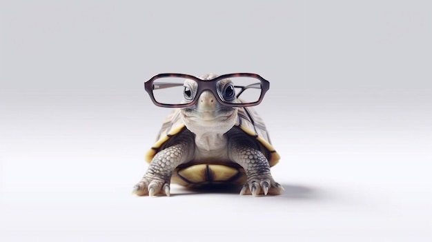 A tortoise with glasses that says turtle