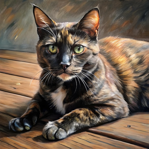 tortoiseshell cat lying on a wooden surface