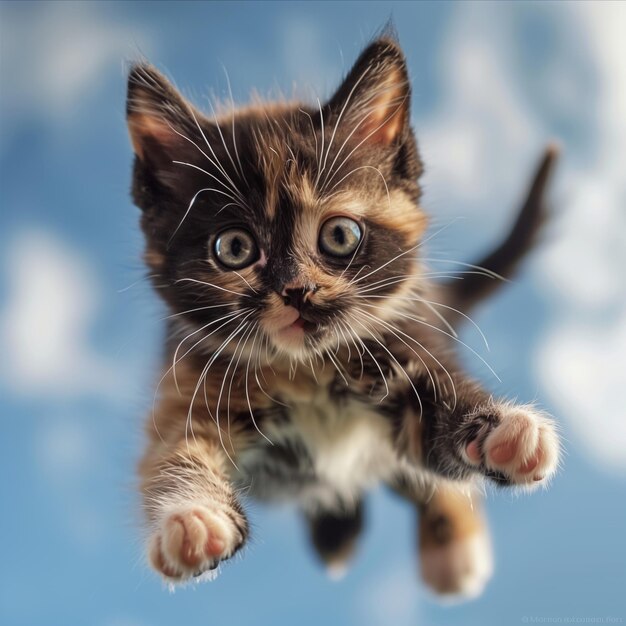 Tortoiseshell kitten flying in the sky