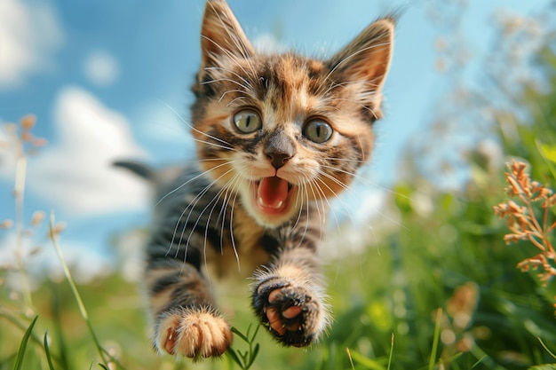 tortoiseshell kitten jumping from the grass