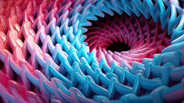 A torus with a spiral pattern in shades of pink and blue