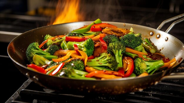 Photo a toss of stir fried vegetables in a wok