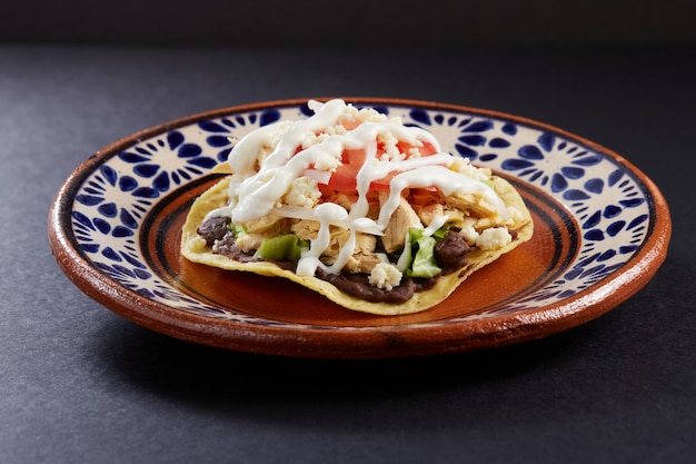 Tostadas de pollo con base de frijoles lechuga tomate queso y crema