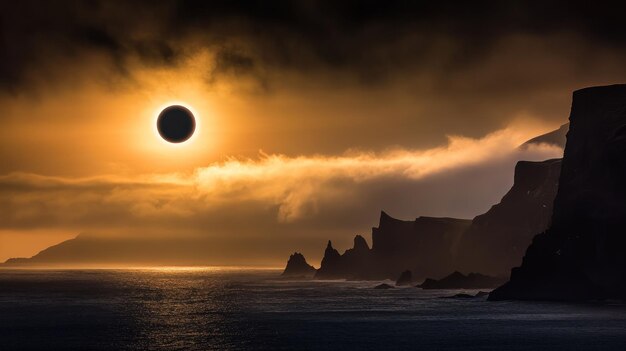 Photo total solar eclipse over the ocean