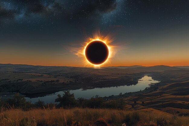 Photo total solar eclipse over a river valley