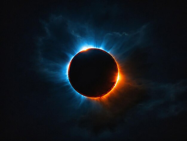 Photo total solar eclipse with a glowing corona visible and dark clouds in the background