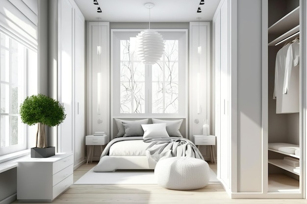 Total white project draft modern minimalist bedroom with walk in closet parquet wooden beams ceiling bed with duvet and pillows Window with blinds Contemporary interior design illustration