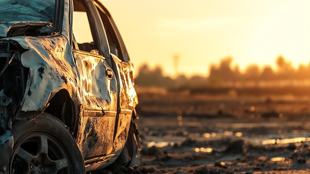 A totaled car sits in a field during a golden sunset