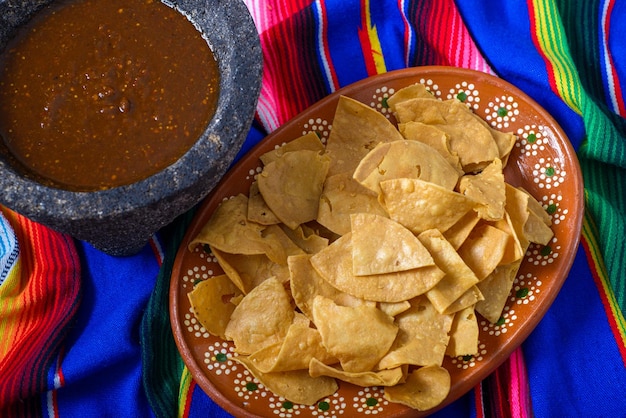 Totopos and molcajete with red sauce on a colorful serape