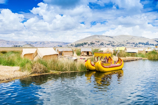 Totora boat on the Titicaca lake near Puno Peru