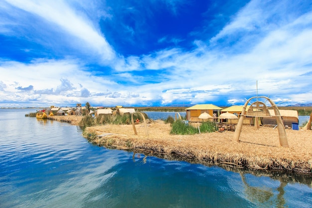 Totora boat on the Titicaca lake near Puno Peru