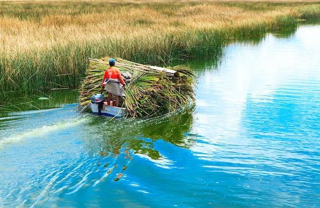 Totora boat on the Titicaca lake near Puno Peru