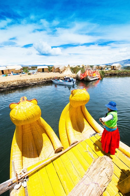 Totora boat on the Titicaca lake near Puno Peru