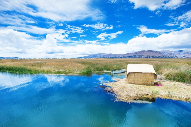 Totora boat on the Titicaca lake near Puno, Peru