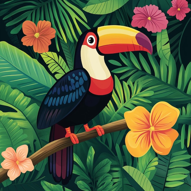 Toucan Perched on Branch in Rainforest