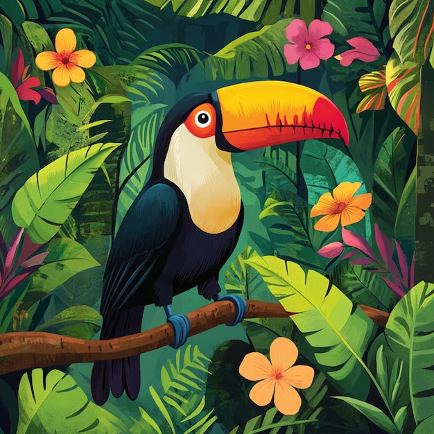 Toucan Perched on Branch in Rainforest