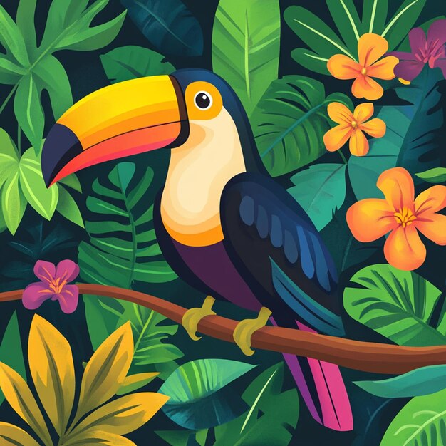 Toucan Perched on Branch in Rainforest