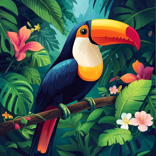 Toucan Perched on Branch in Rainforest