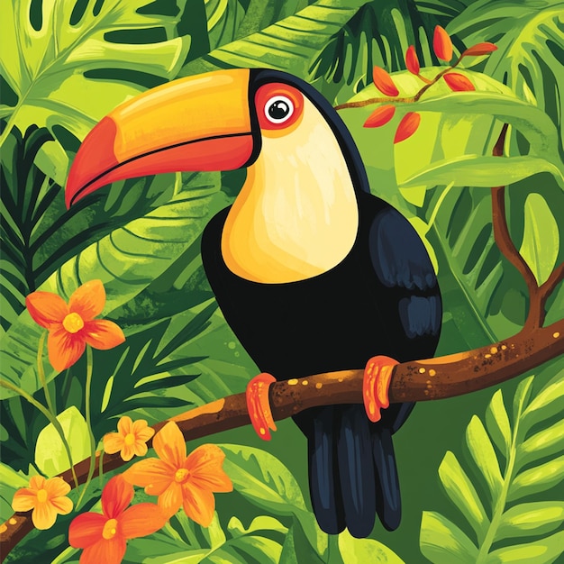 Toucan Perched on Branch in Rainforest